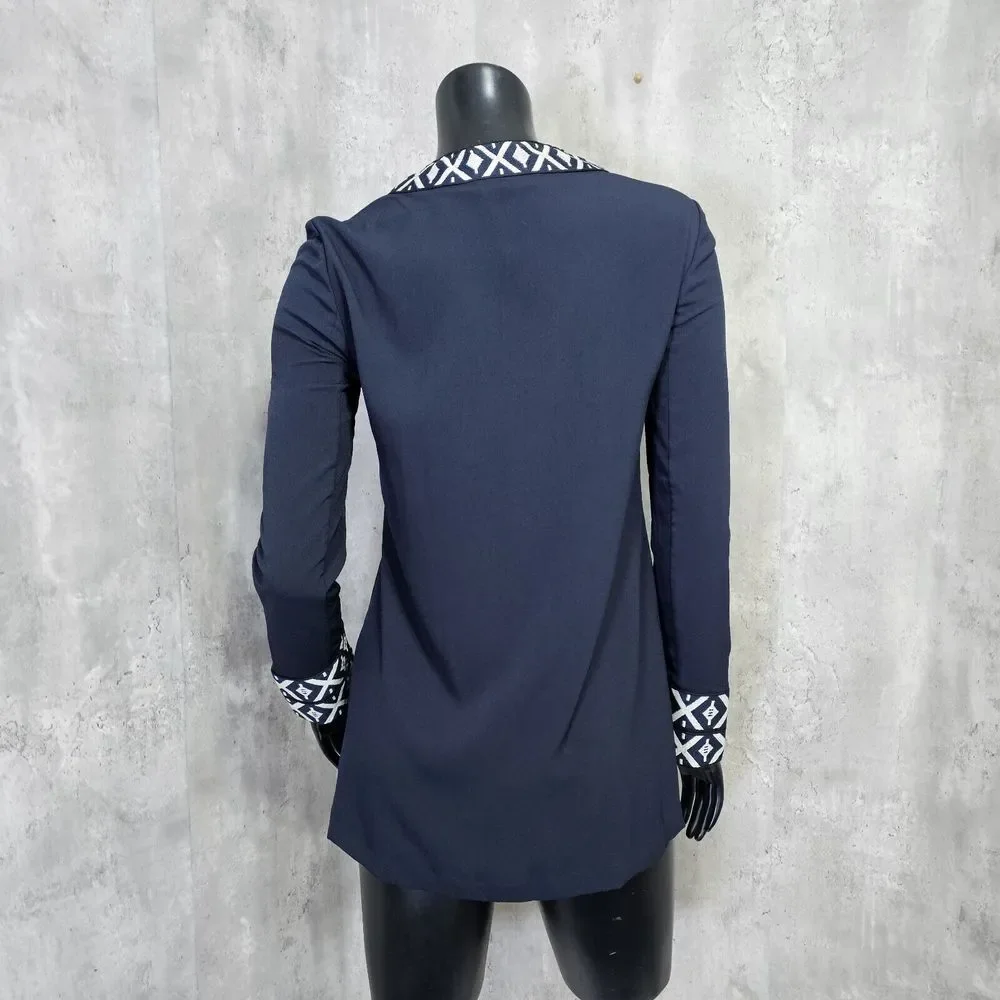Tory Burch 2 Navy Blue Ariana Embroidered Knit Trim V Neck Long Sleeve Tunic Top